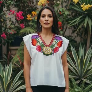 Copied - Traditional hand embroidered blouse Flowers 20 x 23.5 in  Size LG